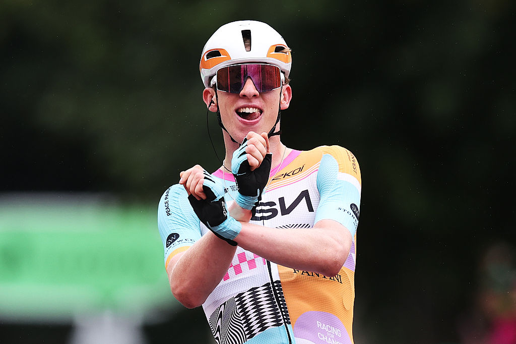 Lewis Askey (NSN Cycling Team) celebrates as he wins stage 1 of the 2026 Tour of Britain Men in Lincoln, England. (Photo by George Wood/Getty Images)