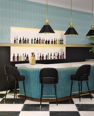 Bar with black and white tile floor, bar stools, and pendant lights