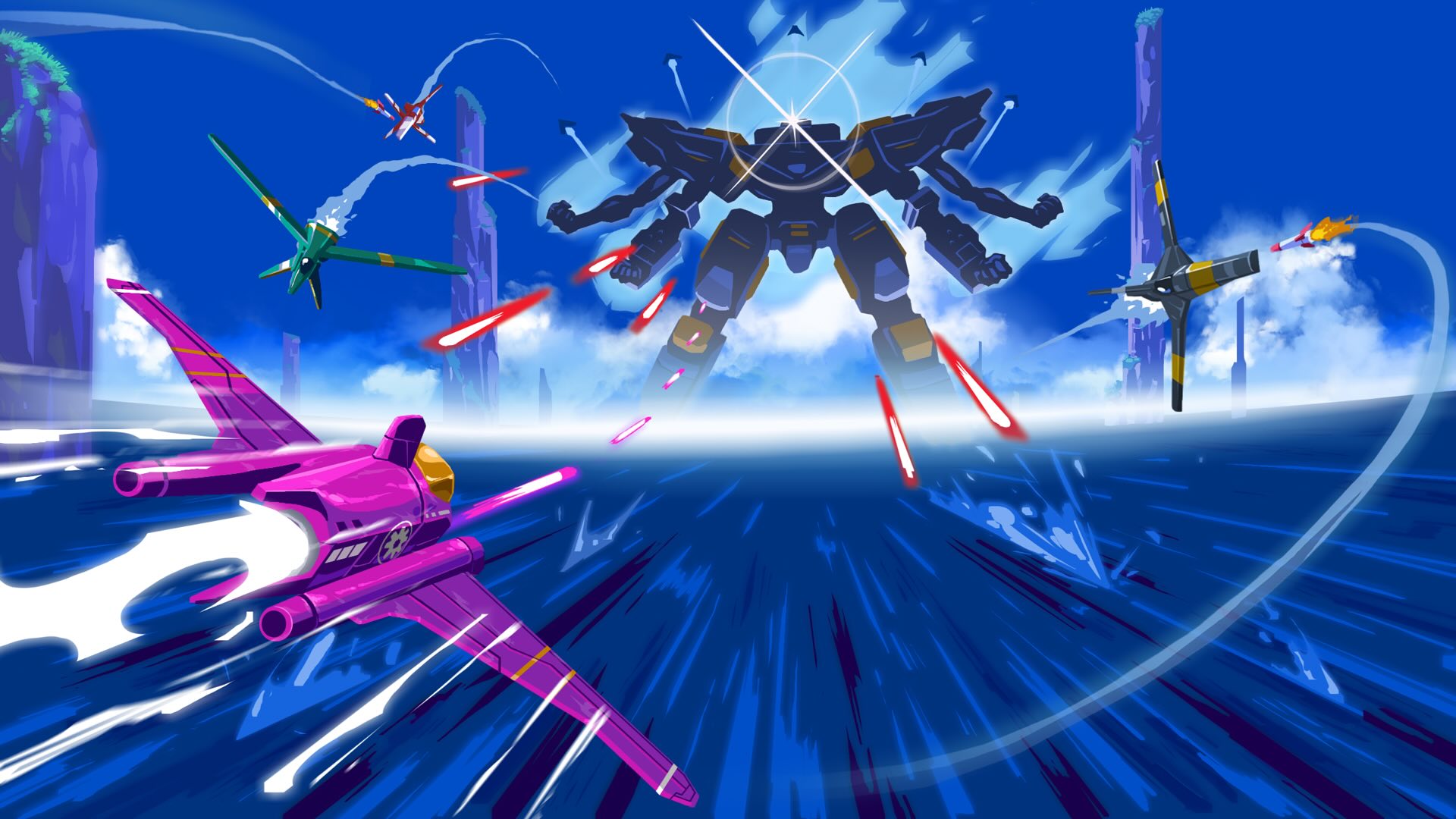 A jet closes in on a mech while dodging laser fire.