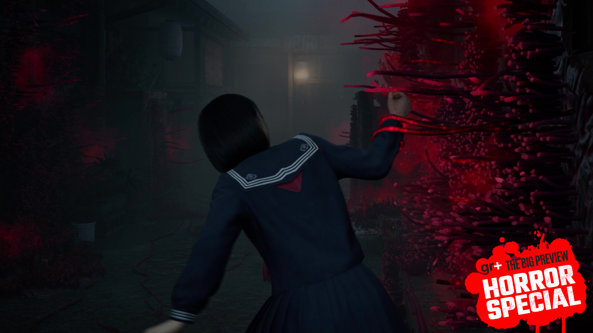 Hinako is grabbed by encroaching red growths on a wall in Ebisugaoka in Silent Hill f as she tries to escape the fog, with the GamesRadar+ Big Preview Horror Special 2025 badge branding