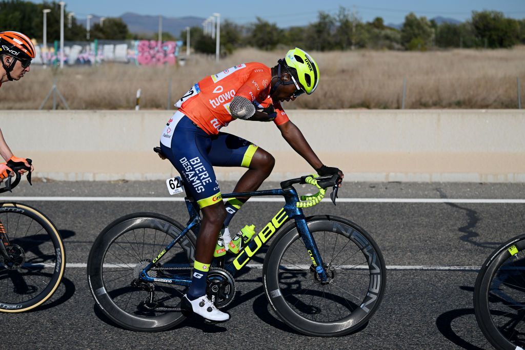SAGUNTO SPAIN FEBRUARY 03 Biniam Girmay of Eritrea and Team Intermarche Circus Wanty Orange Points Jersey competes during the 74th Volta a la Comunitat Valenciana 2023 Stage 3 a 1451km stage from Btera to Sagunto VCV2023 VoltaValenciana on February 03 2023 in Sagunto Spain Photo by Dario BelingheriGetty Images