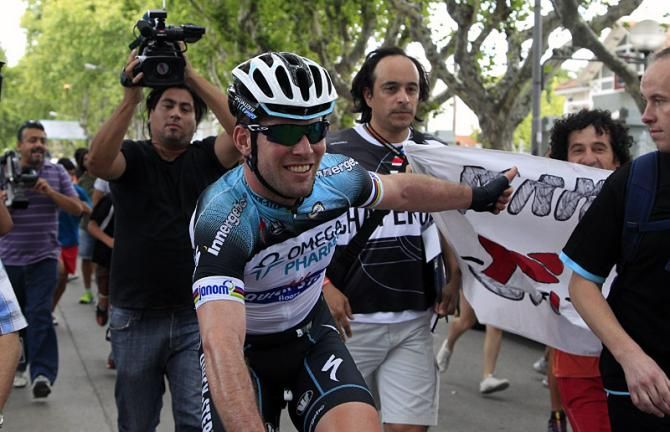 Thumbs up from Mark Cavendish who won his debut race for Omega Pharma-Quick Step.