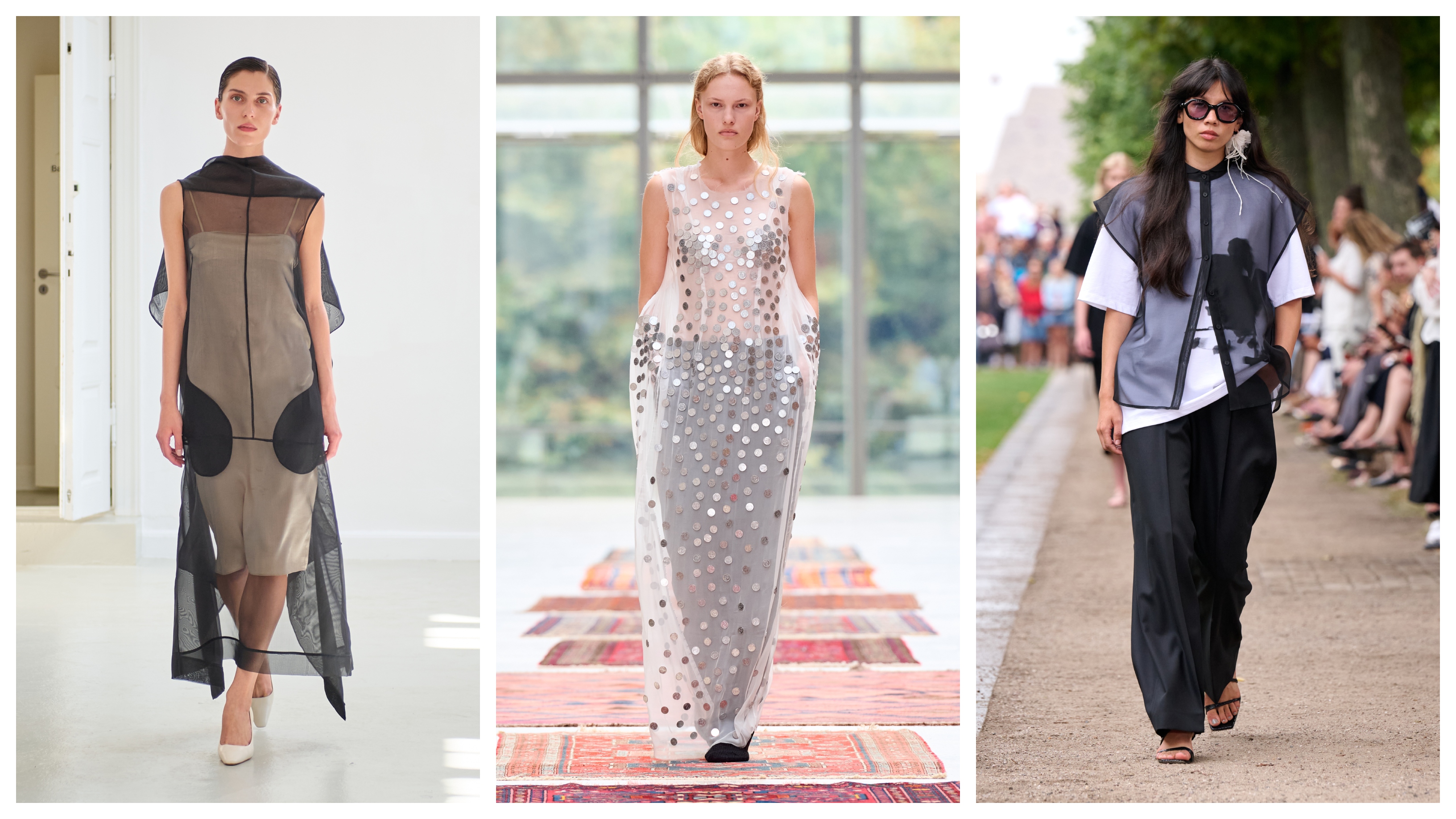 A collage featuring models wearing sheer trend on the runways of Copenhagen Fashion Week spring/summer 2027.
