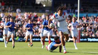 England's Dom Young scoring a try against France at Rugby League World Cup 2026