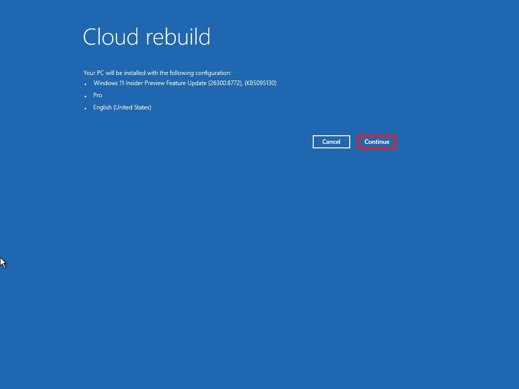 Windows Recovery Environment in the Cloud rebuild feature showing the installation details for Windows 11.