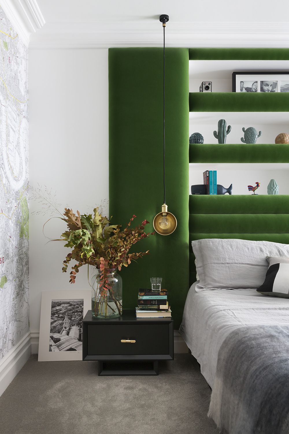 small bedrooms storage idea with shelves built into the headboard