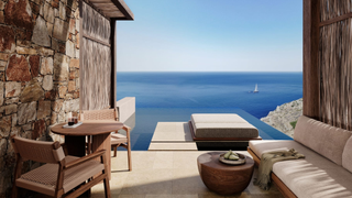 A balcony looking out to sea at Gundari Resort, Greece.