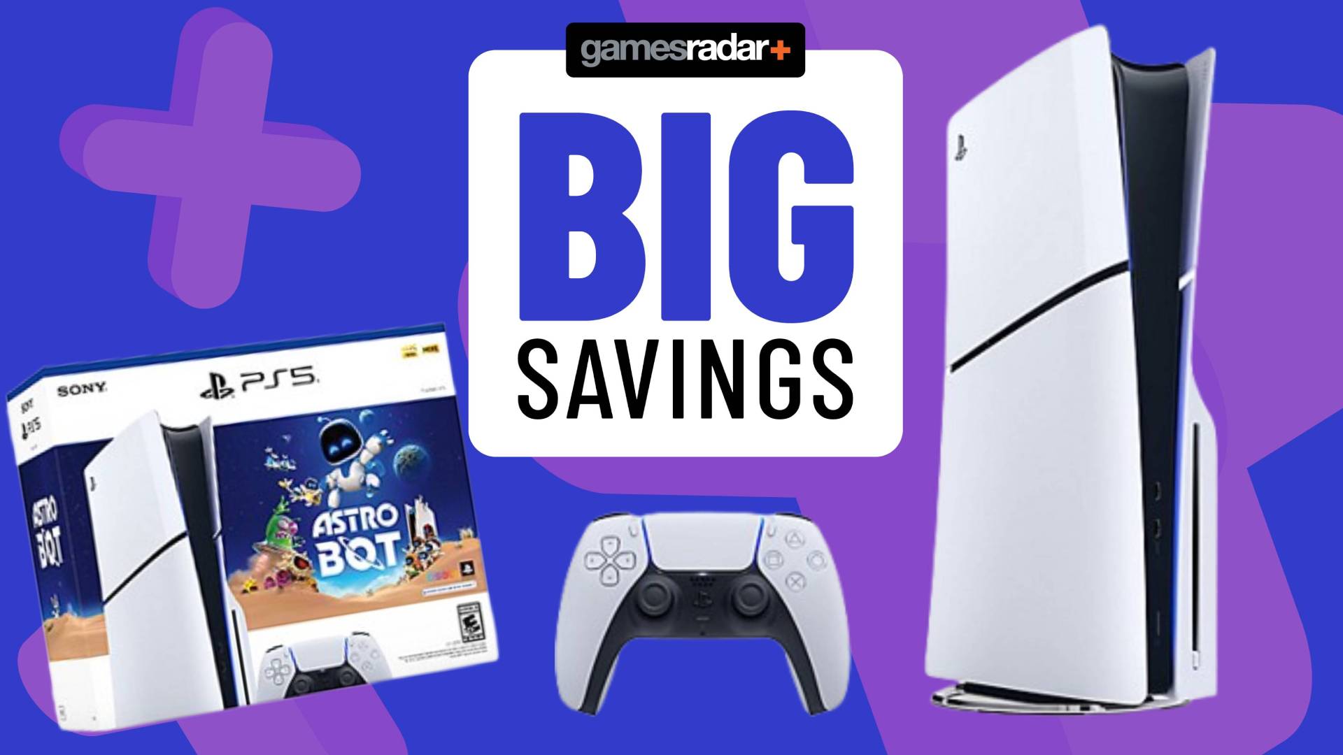 Official product image of the Astro bot PS5 Slim bundle, sitting next to a PS5 Slim and a DualSense controller with a blue GamesRadar background.