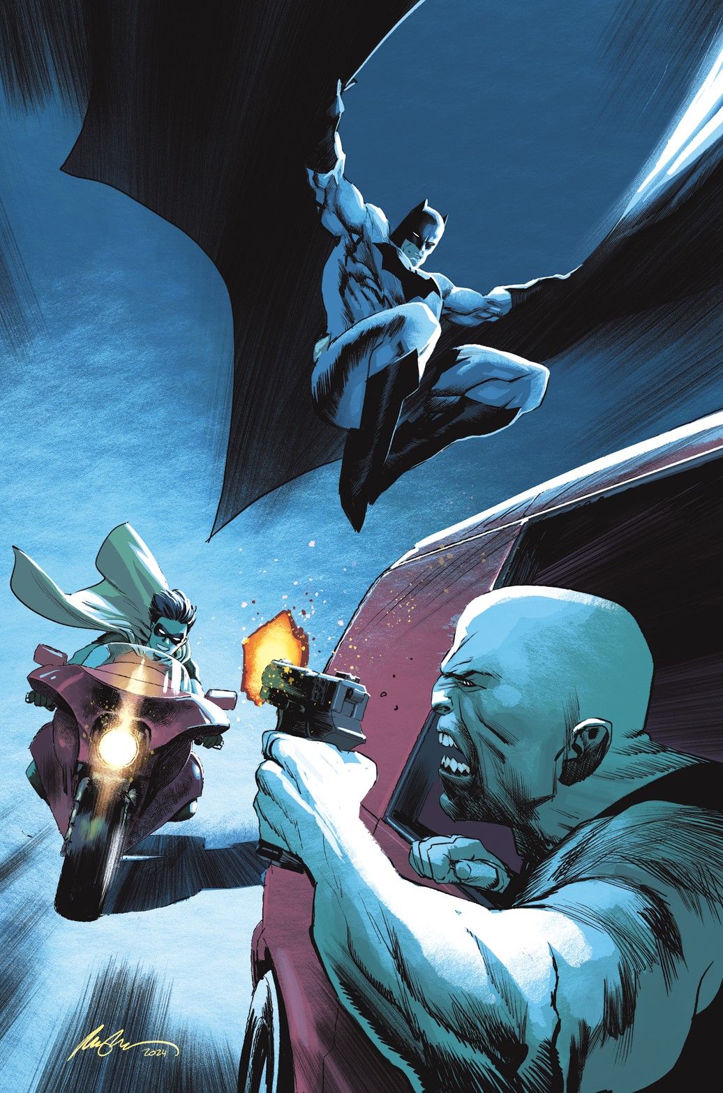 Rafael Albuquerque's variant cover shows a villain shooting at Jason Todd, who is riding a motorbike.