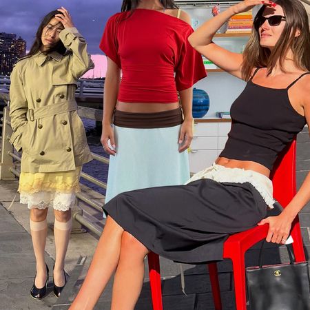 Collage of influencrs wearing two-toned midi skirts.