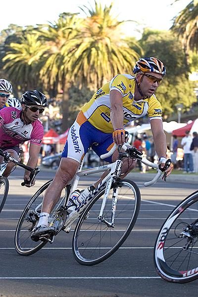 Graeme Brown (Urban) leans into a corner during round three of the series in Geelong