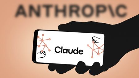 Claude on phone with Anthropic logo in the background