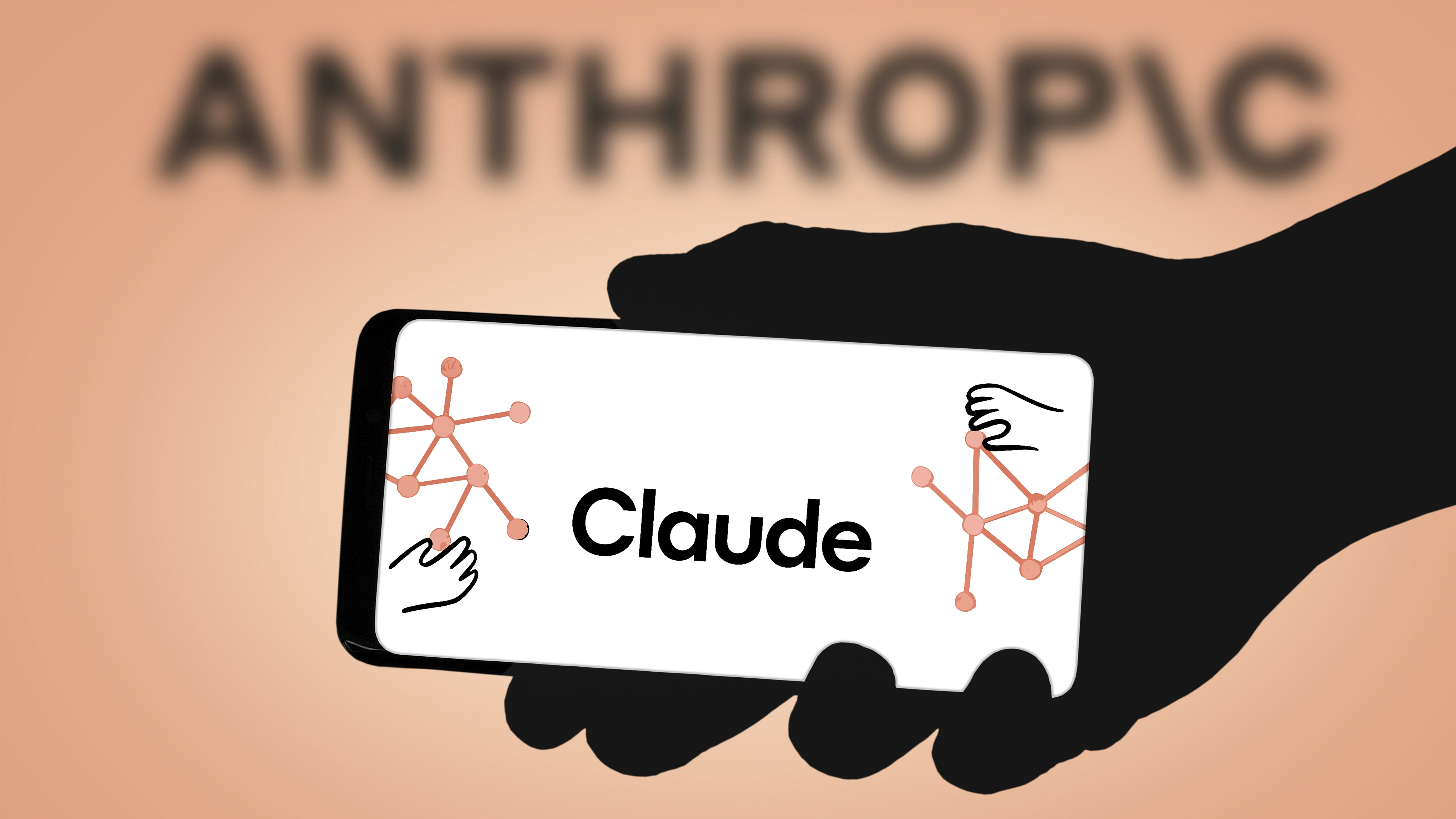 Claude on phone with the Anthropic logo in the background