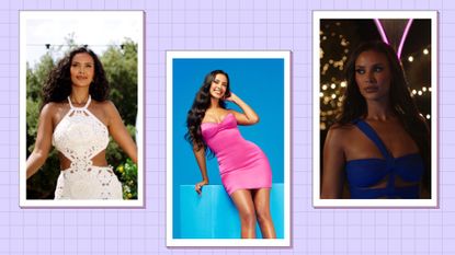 Maya Jama Love Island outfits: Maya pictured wearing a white, pink and blue dress in the Love Island season 10 villa/ in a purple template