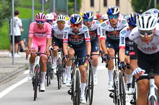 2025 Giro d'Italia: race leader Isaac del Toro (1-L) and Primoz Roglič (4-L) during stage 15