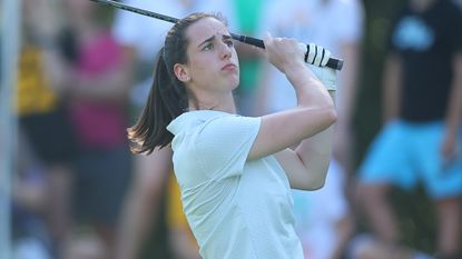 Caitlin Clark takes a shot during the 2023 pro-am prior to the John Deere Classic