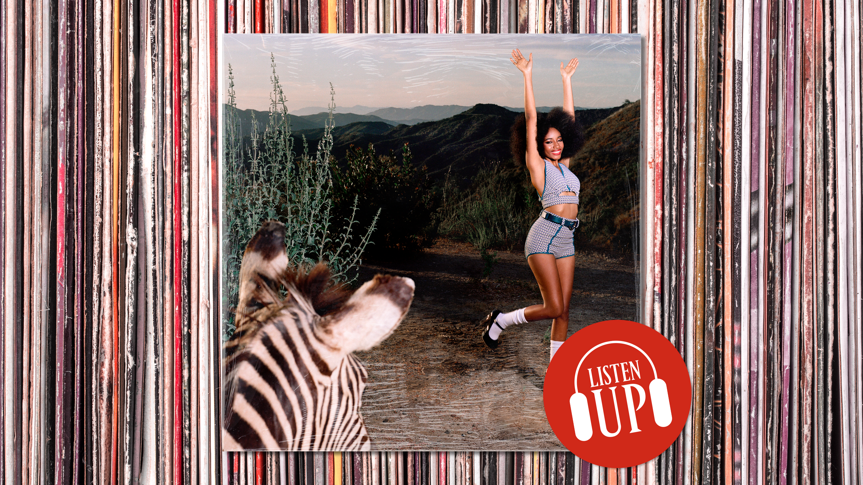 flowerovlove's mini skirt warrior album art featuring her jumping while a zebra looks at her opposite marie claire's listen up franchise art