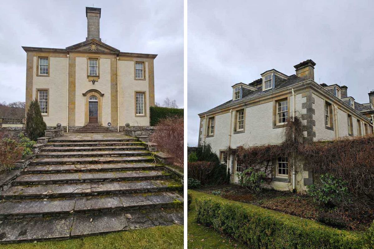 A gable elevation with a worn-out stairway to the side of a mansion
