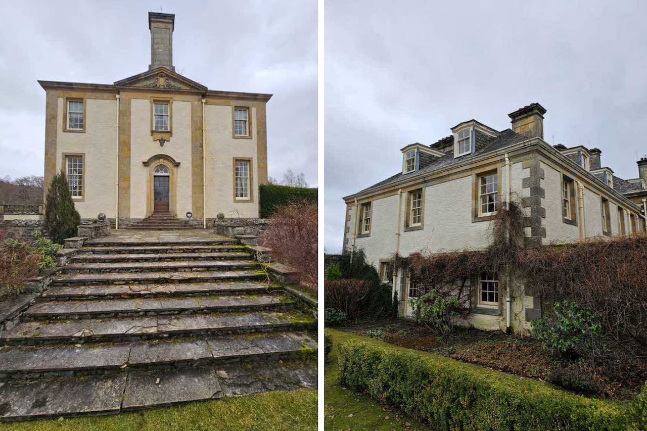 A gable elevation with a worn-out stairway to the side of a mansion