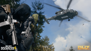 Call of Duty: Modern Warfare 4 DMZ promo shot of a helicopter overhead two operators.