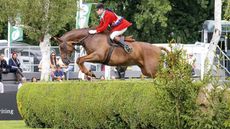 Craig Kiddier and Mulberry Lane clear a hedge in Hickstead's international arena while wearing their champion&rsquo;s sash.