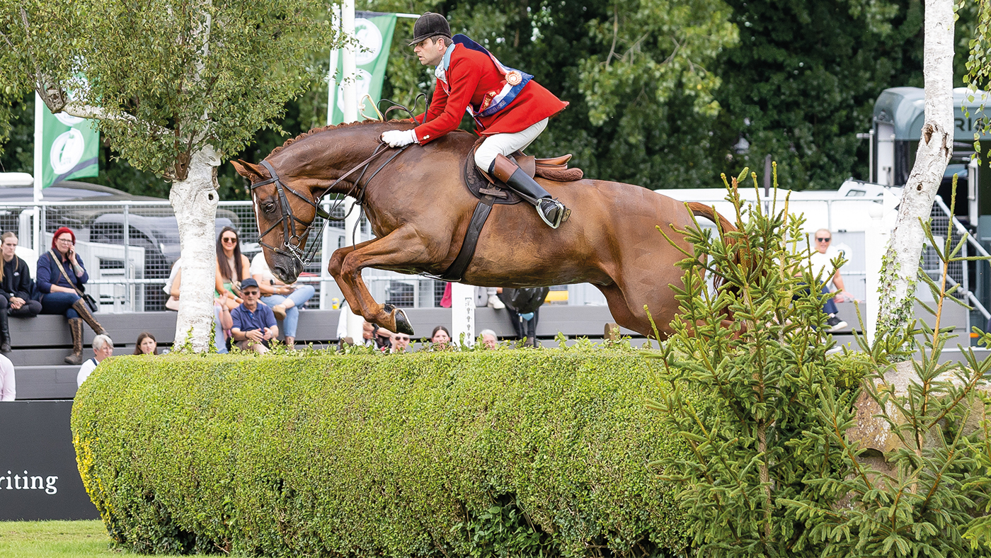 Craig Kiddier and Mulberry Lane clear a hedge in Hickstead's international arena while wearing their champion&amp;rsquo;s sash.