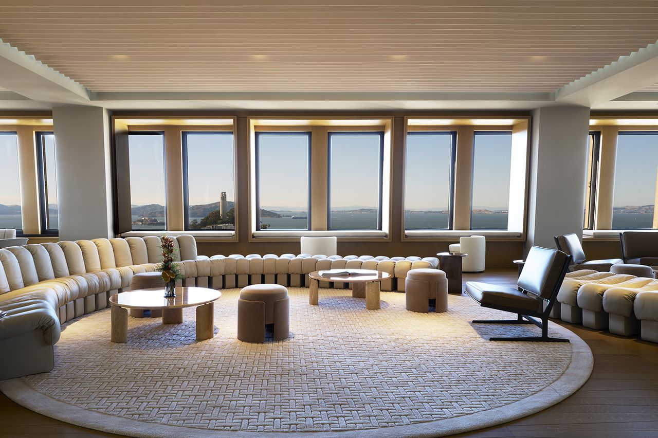 the revamped Transamerica pyramid, a pyramidal high rise with sleek contemporary interiors and slanted walls