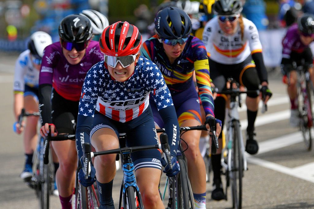 BERG NETHERLANDS APRIL 18 Ruth Winder of United States and Team Trek Segafredo during the 7th Amstel Gold Race 2021 Womens Elite a 1163km race from Valkenburg to Berg en Terblijt Breakaway Amstelgoldrace amstelgoldrace UCIWWT on April 18 2021 in Berg Netherlands Photo by Luc ClaessenGetty Images