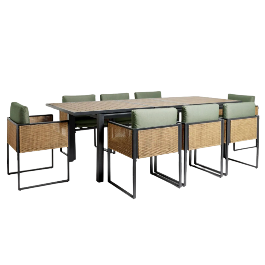 Sage Green Abel 6 to 8 Seater Rattan Garden Dining Table and Chairs Set
