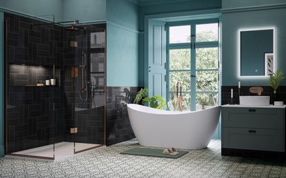 Blue bathroom with modern freestanding bath in front of tall window