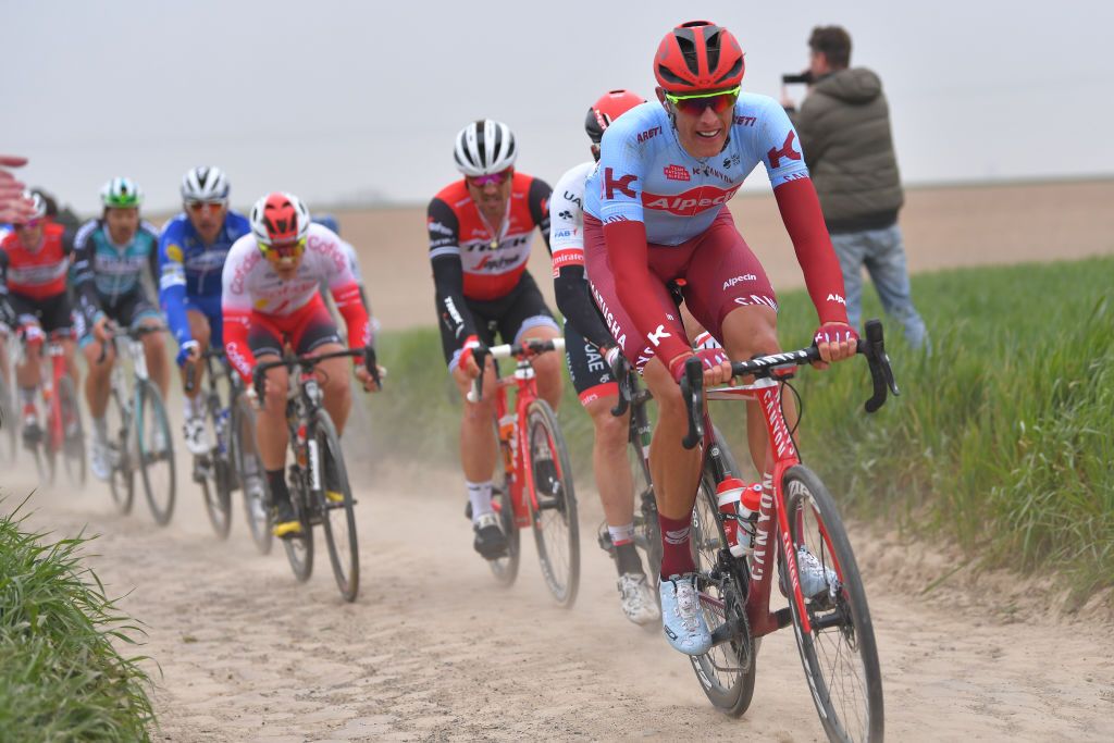 Nils Politt pounds his huge frame &ndash; bike and body &ndash; over the cobbles