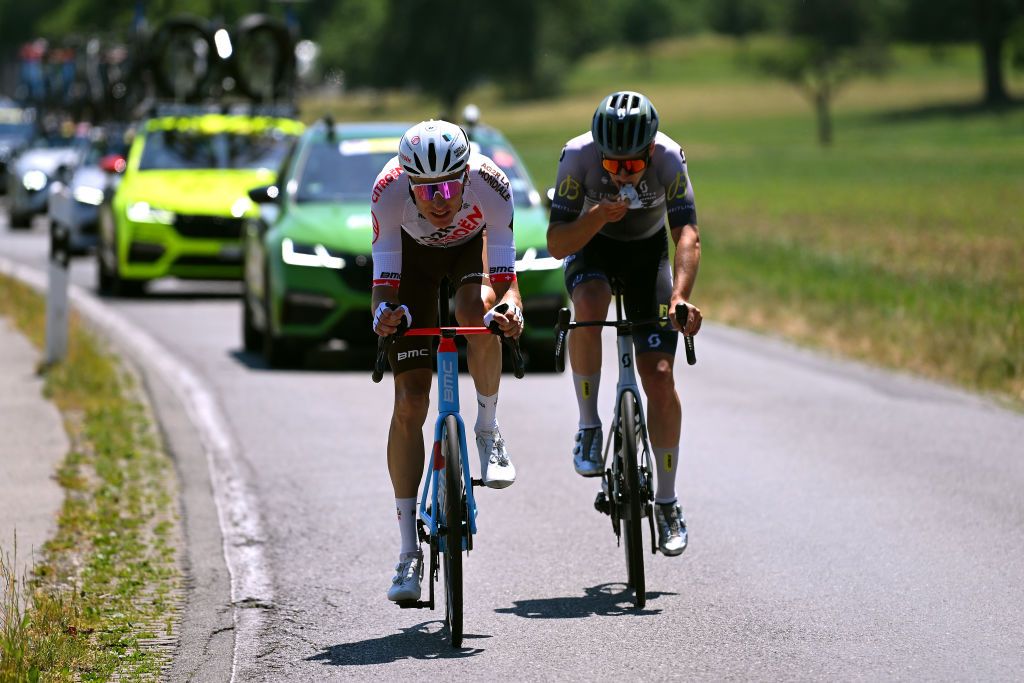 NOTTWIL SWITZERLAND JUNE 12 LR Michael Schr of Switzerland and Ag2R Citron Team and Nickolas Zukowsky of Canada and Q365 Pro Cycling Team compete in the breakaway during the 86th Tour de Suisse 2023 Stage 2 a 1737km stage from Beromnster to Nottwil UCIWT on June 12 2023 in Nottwil Switzerland Photo by Dario BelingheriGetty Images