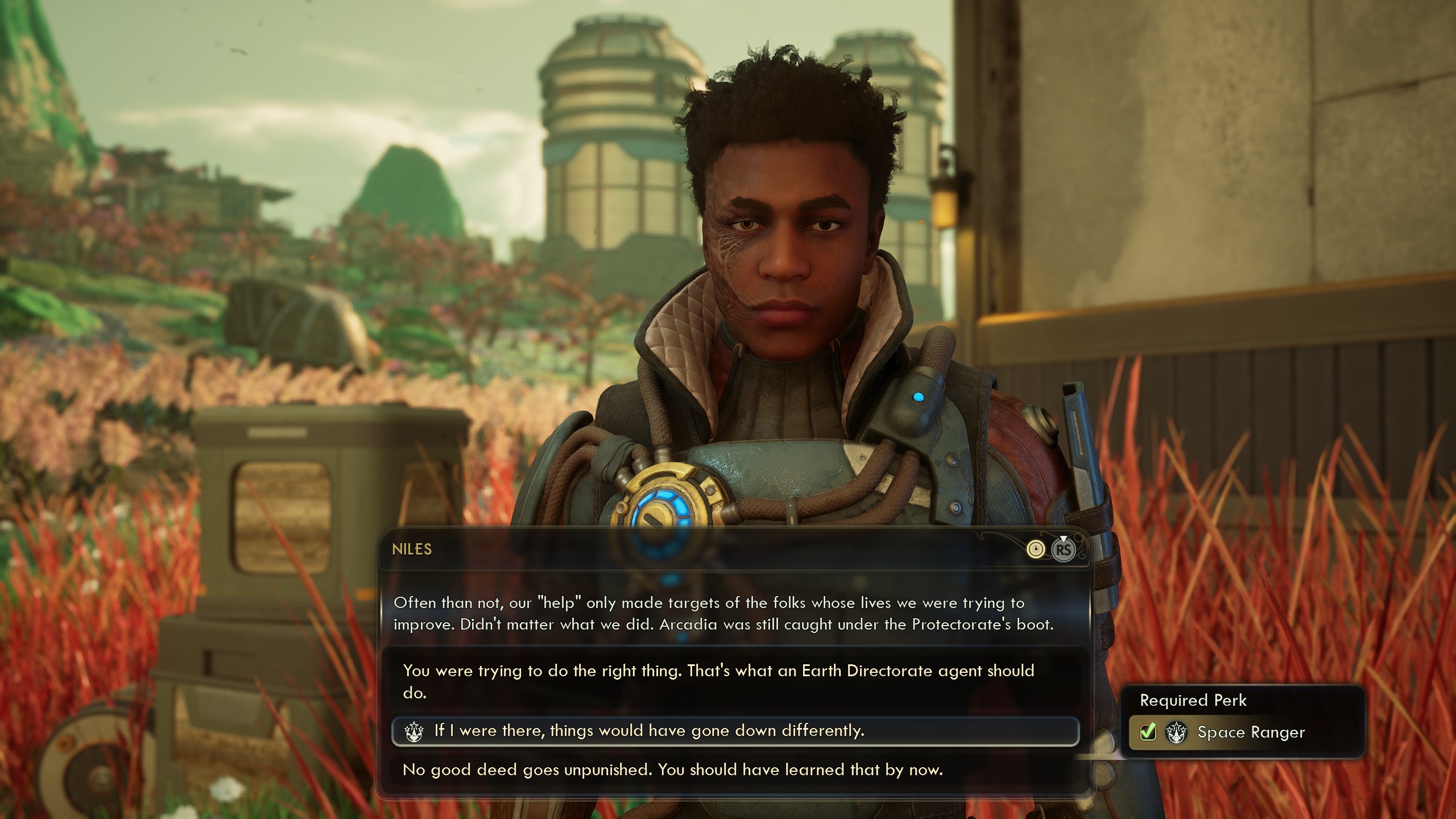 The Outer Worlds 2 companion Niles chatting on Paradise Island