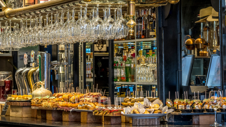 A variety of pintxos in a bar in Bilbao.