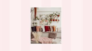 A picture of a boho living room on a pink and white background