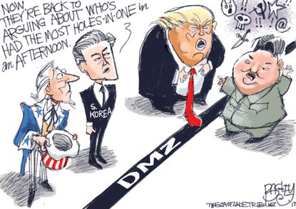 Political cartoon U.S. Trump vacation North Korea missiles golf