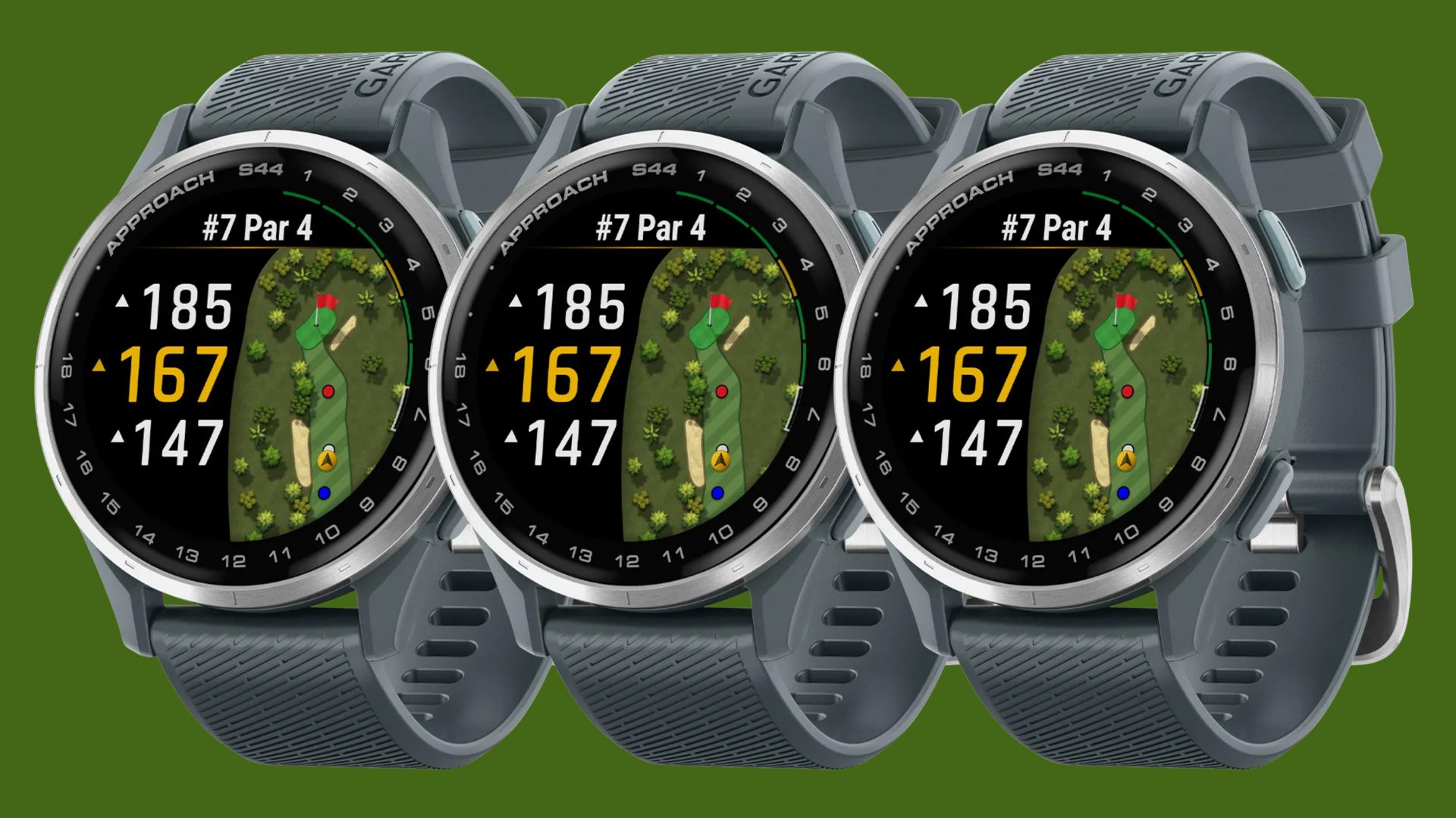 Three Garmin GPS golf watches on a green background