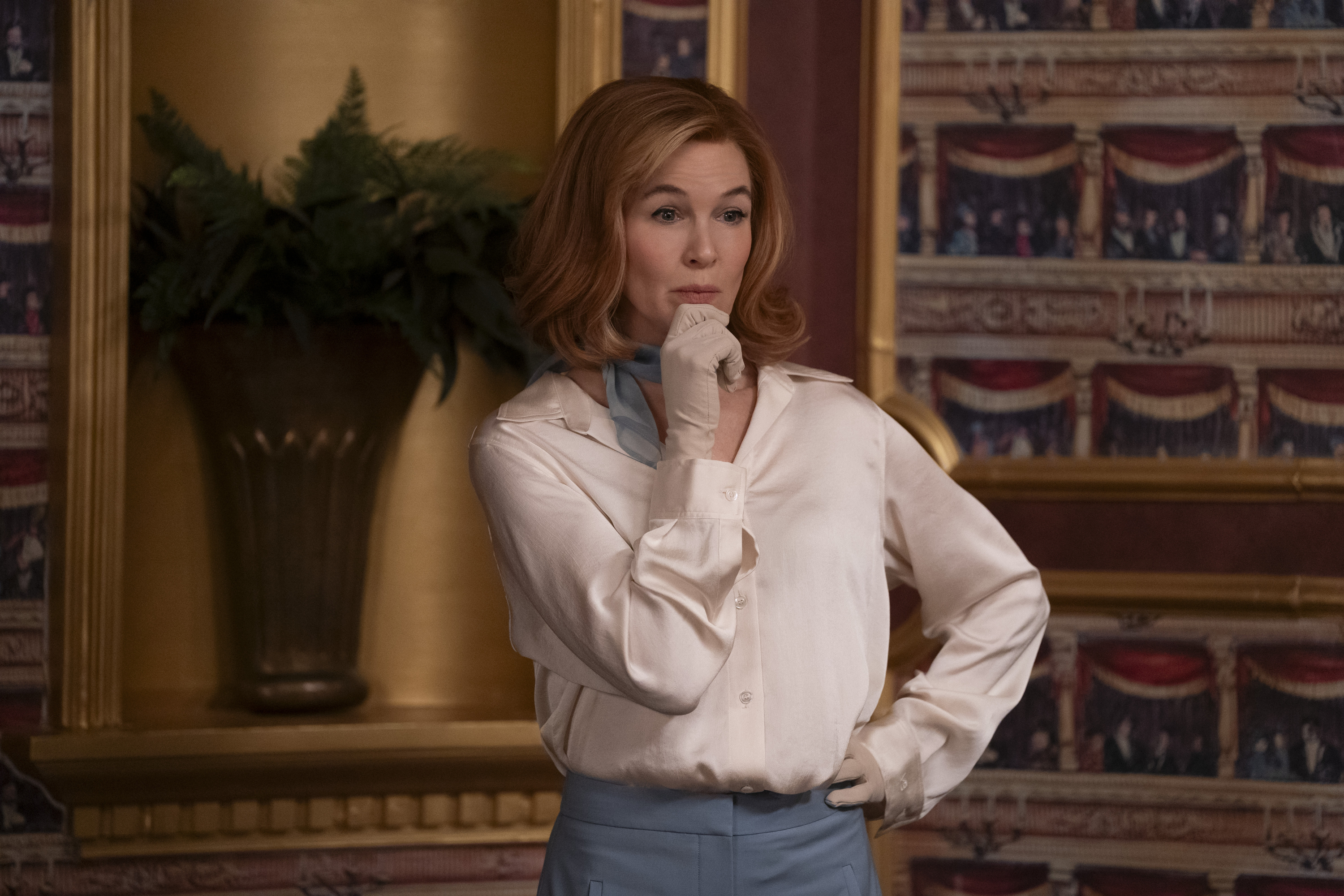 Ren&amp;eacute;e Zellweger as Camila White wearing a stain white blouse in only murders in the building season 5