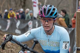 Natalie Quinn (Fort Lewis College) was in contention for a podium spot during elite women's race at 2023 US Cyclocross Nationals, but settled for fourth