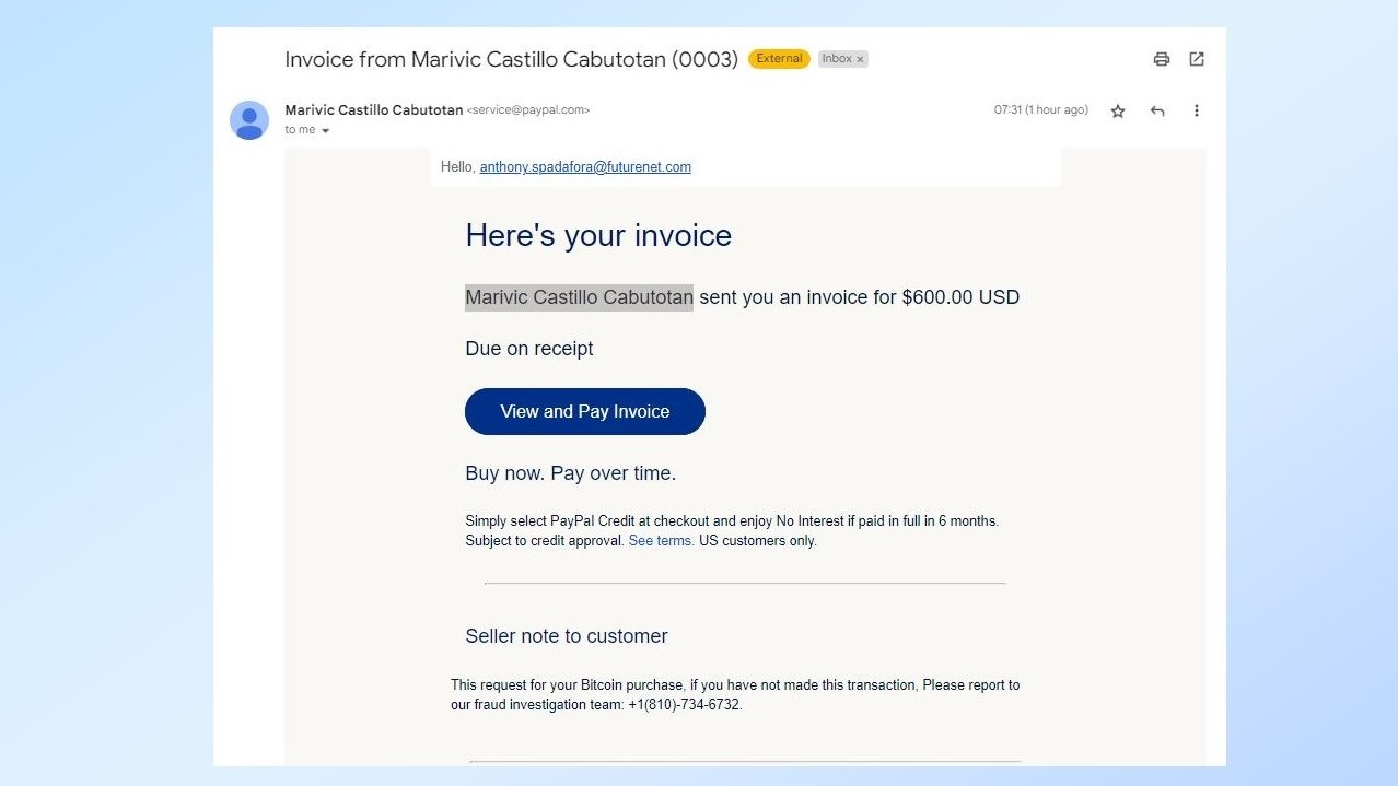 Eine E-Mail von PayPal über eine unbezahlte Rechnung