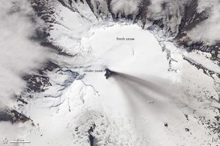 A Landsat 8 image of Alaska's snow-covered Veniamanof Volcano on July 9, 2013.