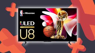 Hisense U8N TV with grey and orange GamesRadar+ backdrop with plus symbols