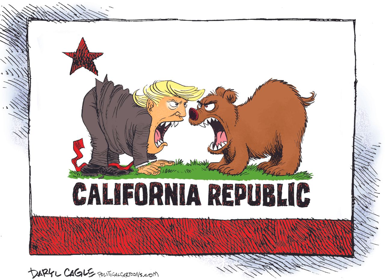 Political cartoon U.S. Trump versus California EPA