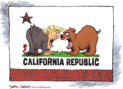 Political cartoon U.S. Trump versus California EPA