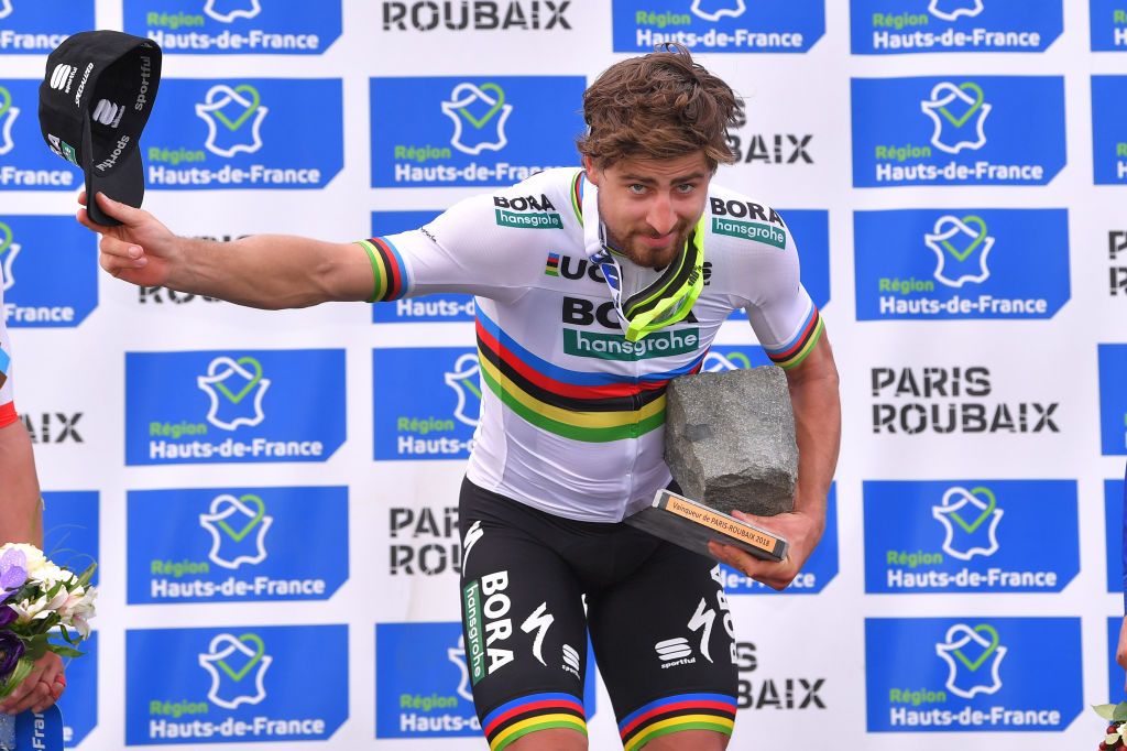 ROUBAIX, FRANCE - APRIL 08: Podium / Peter Sagan of Slowakia and Team Bora-Hansgrohe / Celebration / Trophy / during the 116th Paris - Roubaix 2018 a 257km race from Compiegne to Roubaix on April 8, 2018 in Roubaix, France. (Photo by Luc Claessen/Getty Images)