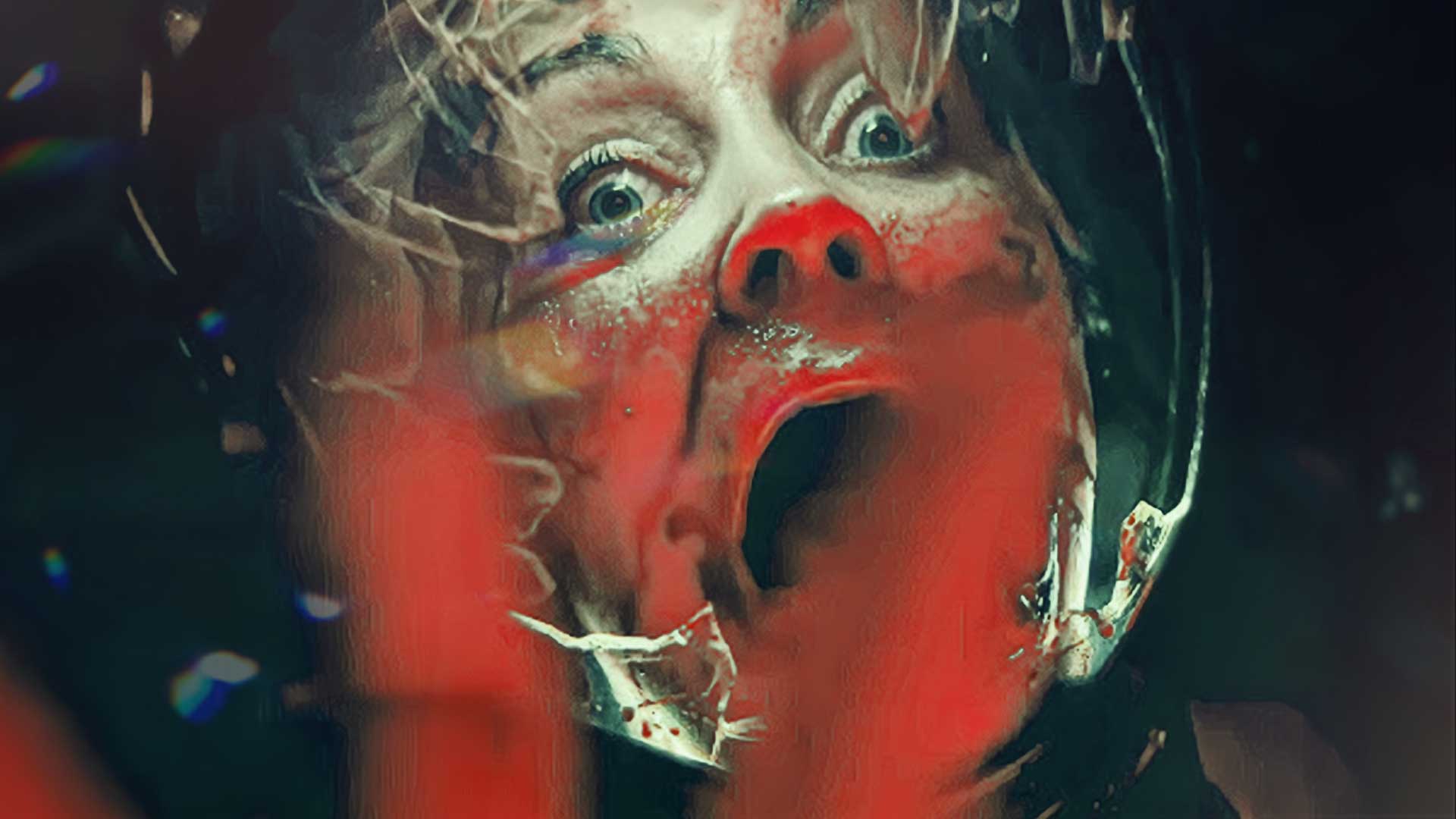 a screaming woman's face inside a spacesuit helmet