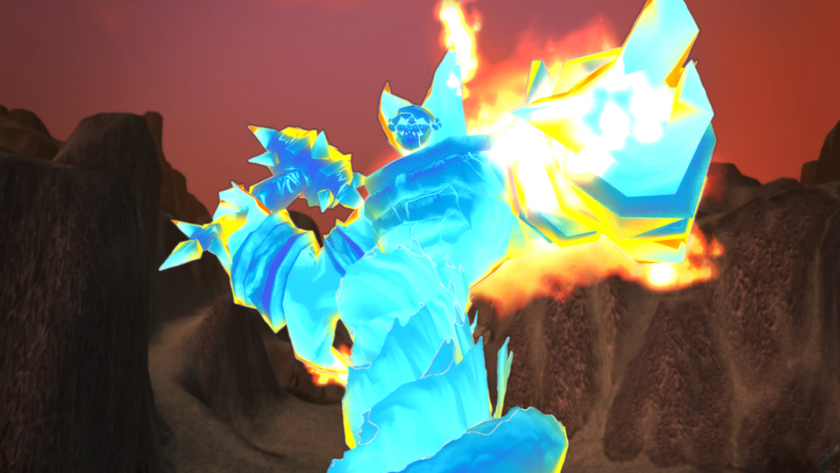 A radiant echo of Ragnaros in World of Warcraft: Dragonflight raises his mighty hammer.