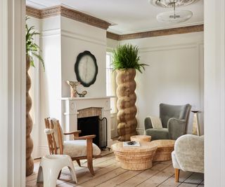 Wooden pots, wooden round tables, green armchair