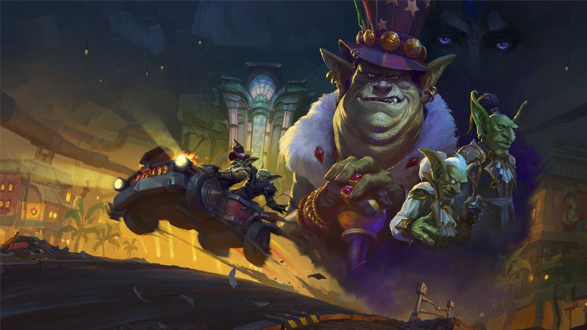 Various World of Warcraft goblin characters and car on city scape backdrop