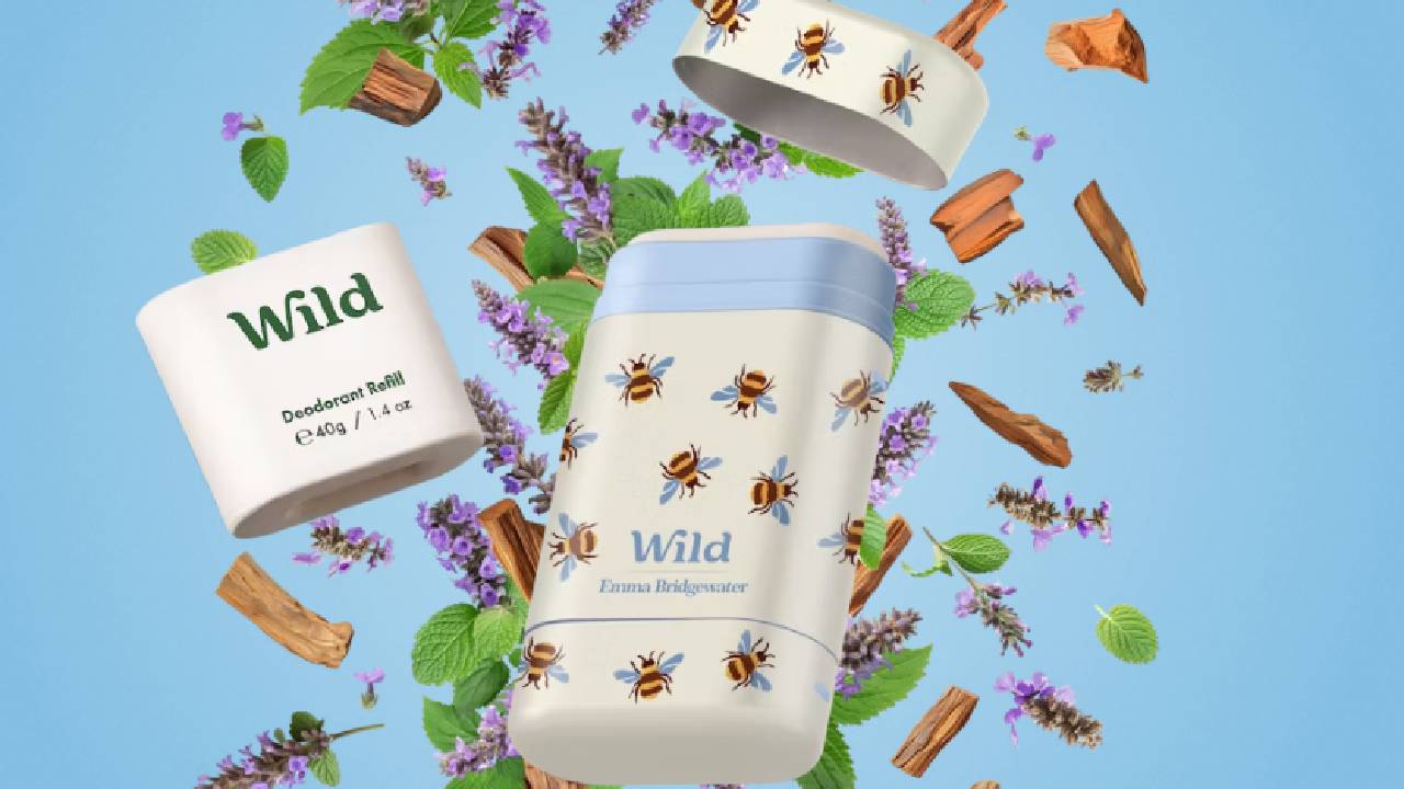 A Wild refillable deodorant in a Emma Bridgewater case, surrounded by lavender and cedar wood. 